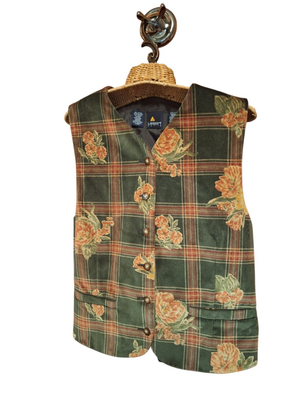 Lizsport Petite Green Floral Plaid Velvet Vest Cottagecore Goblincore Vintage